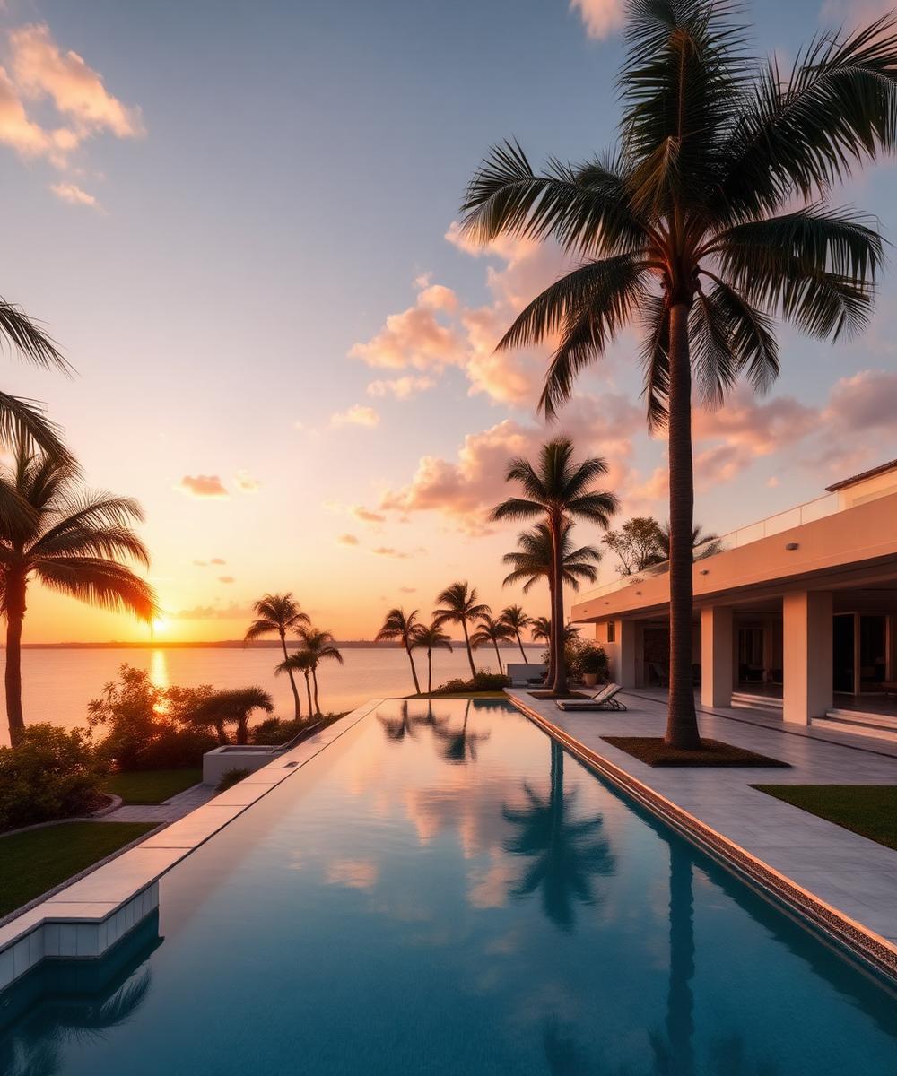 Luxury Boca Raton estate at sunset with palm trees