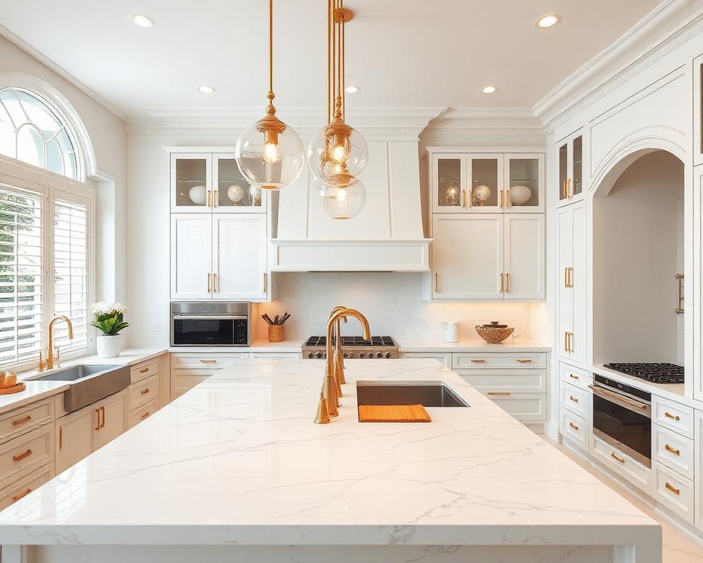 Elegant marble kitchen with gold fixtures