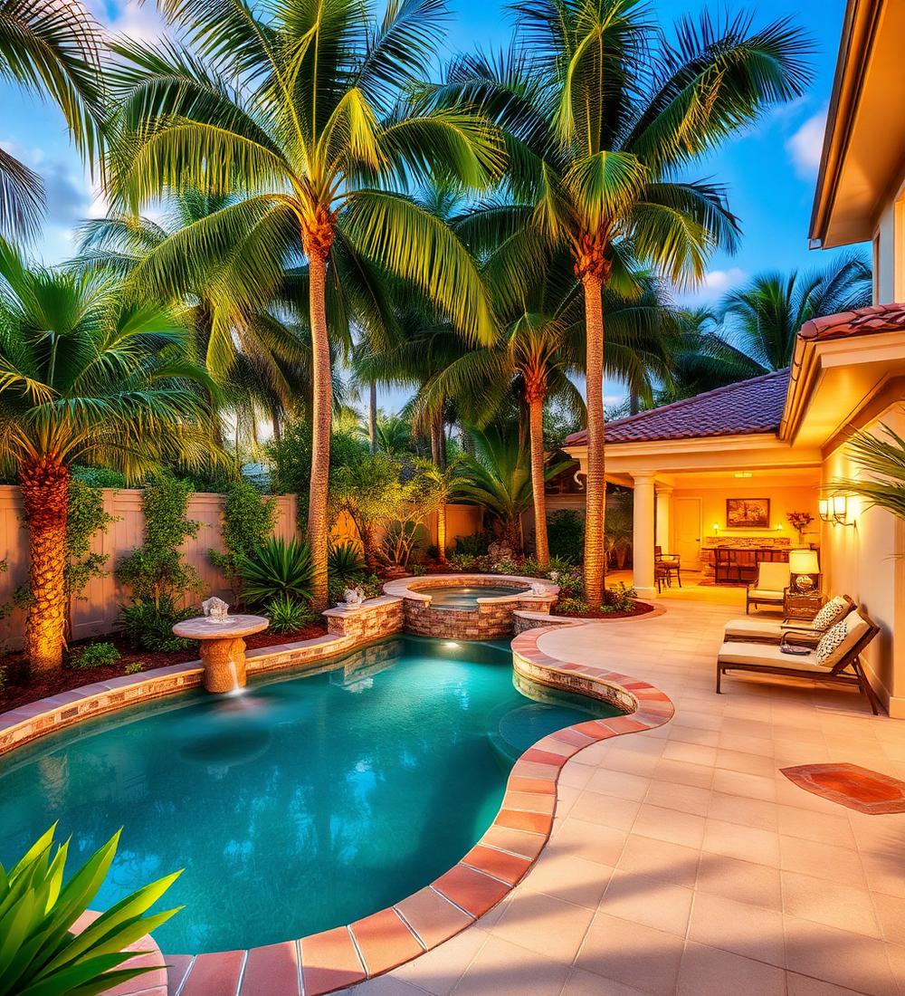 Tropical backyard with pool and palms