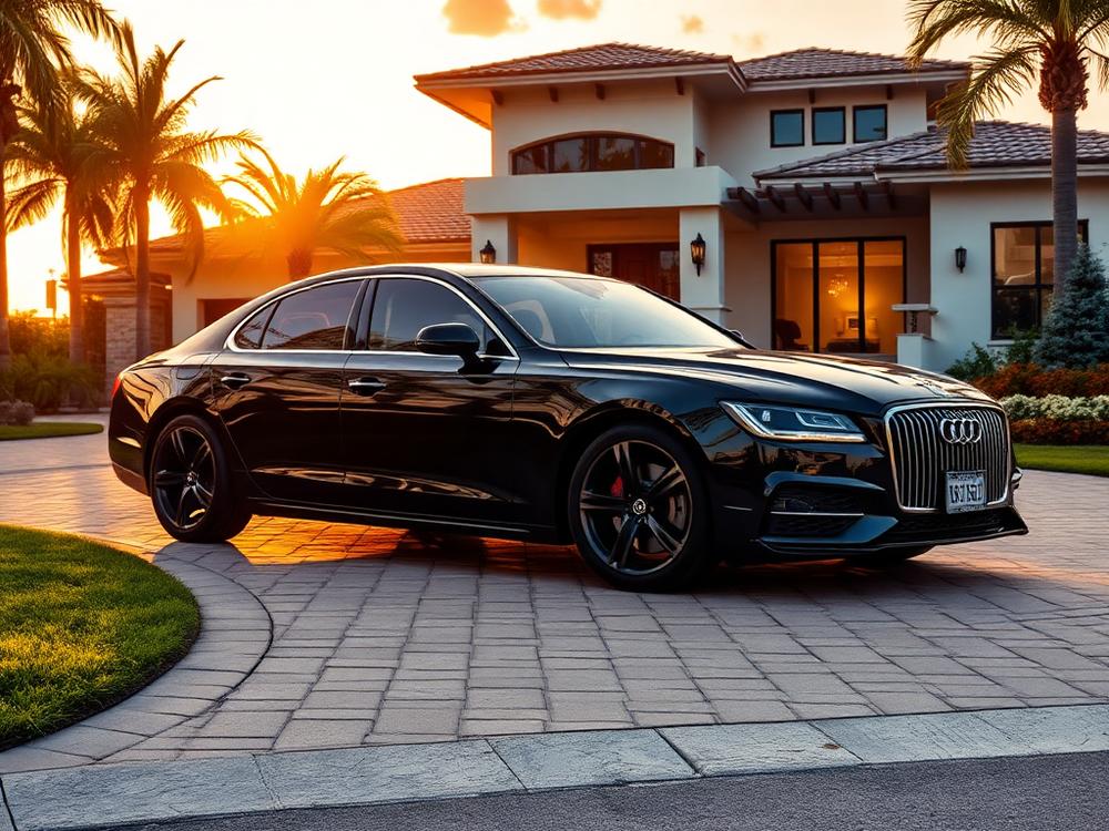 Black luxury sedan in front of Florida mansion